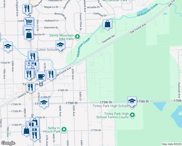 map of restaurants, bars, coffee shops, grocery stores, and more near 17301 South Ridgeland Avenue in Tinley Park