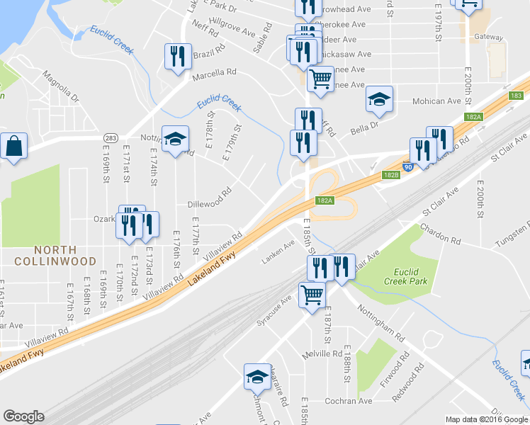 map of restaurants, bars, coffee shops, grocery stores, and more near 18200 Nottingham Road in Cleveland