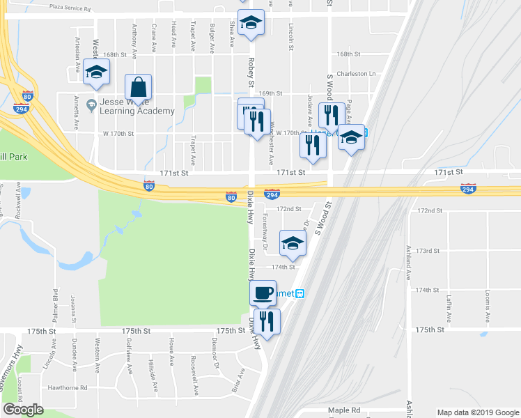 map of restaurants, bars, coffee shops, grocery stores, and more near 17200 Forestway Drive in Hazel Crest