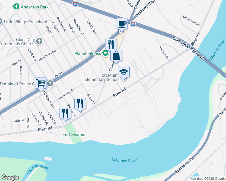 map of restaurants, bars, coffee shops, grocery stores, and more near 2415 River Road in Maumee