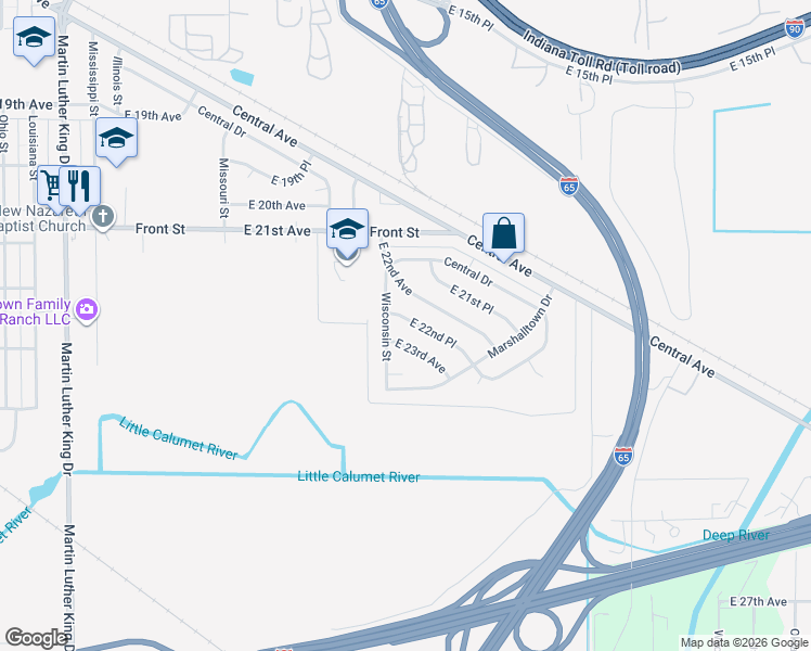 map of restaurants, bars, coffee shops, grocery stores, and more near 2331 Wisconsin Street in Gary