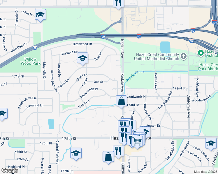 map of restaurants, bars, coffee shops, grocery stores, and more near 3211 172nd Court in Hazel Crest