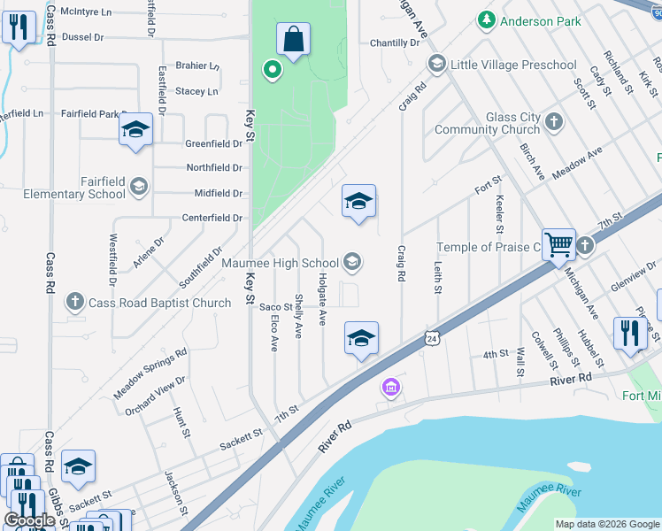 map of restaurants, bars, coffee shops, grocery stores, and more near 1226 Holgate Avenue in Maumee