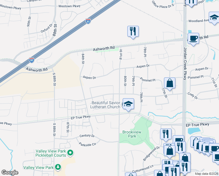map of restaurants, bars, coffee shops, grocery stores, and more near 8239 Cody Drive in West Des Moines