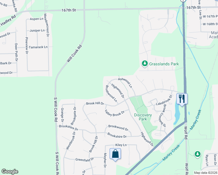 map of restaurants, bars, coffee shops, grocery stores, and more near 17209 Brushwood Lane in Orland Park