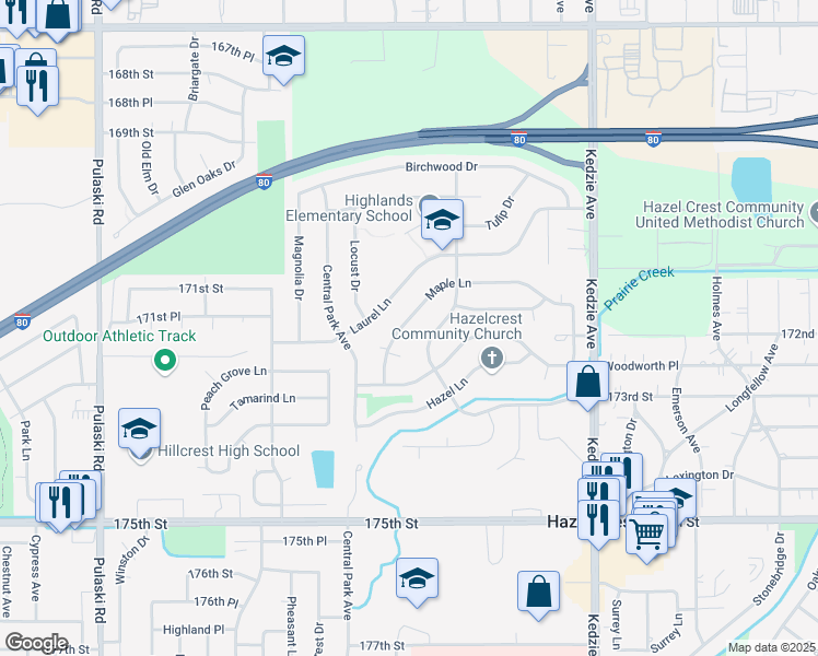 map of restaurants, bars, coffee shops, grocery stores, and more near 3501 Maple Lane in Hazel Crest