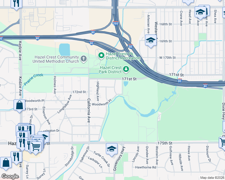 map of restaurants, bars, coffee shops, grocery stores, and more near 17140 Summit Avenue in Hazel Crest