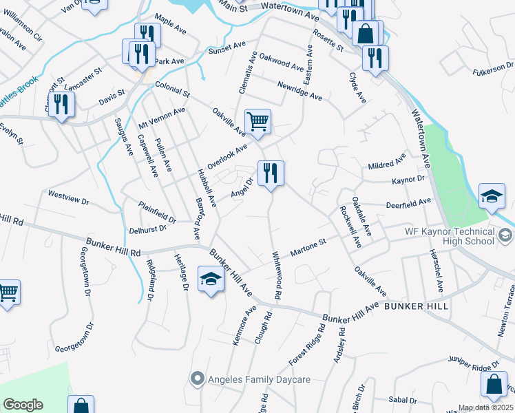 map of restaurants, bars, coffee shops, grocery stores, and more near 177 Whitewood Road in Waterbury