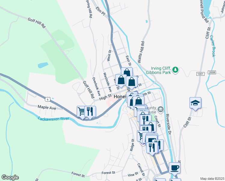 map of restaurants, bars, coffee shops, grocery stores, and more near 1222 Westside Ave in Honesdale