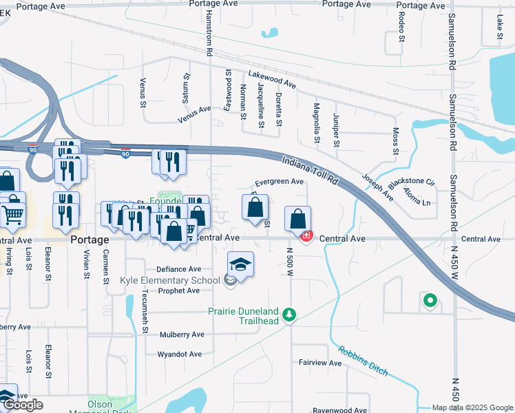 map of restaurants, bars, coffee shops, grocery stores, and more near 2565 Parkview Street in Portage