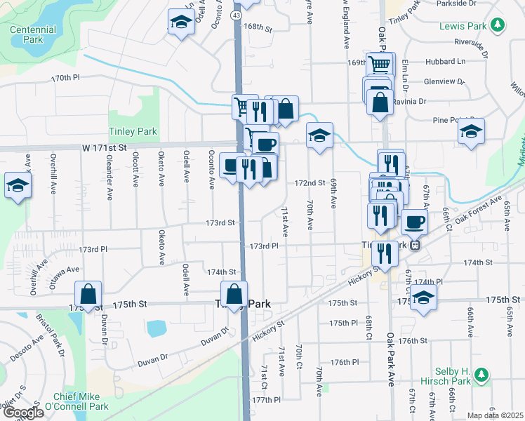 map of restaurants, bars, coffee shops, grocery stores, and more near 17241 71st Court in Tinley Park