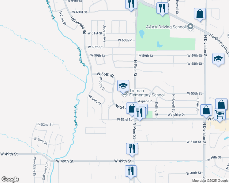 map of restaurants, bars, coffee shops, grocery stores, and more near 5424 North Linwood Avenue in Davenport