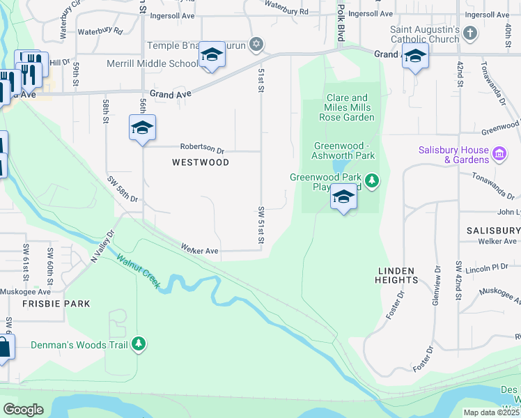 map of restaurants, bars, coffee shops, grocery stores, and more near 100 51st Street in Des Moines