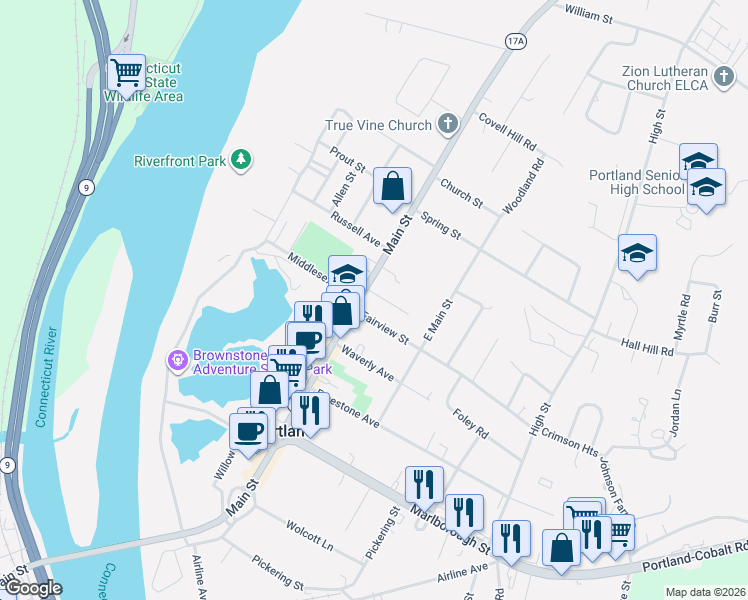 map of restaurants, bars, coffee shops, grocery stores, and more near 3 Spruce Terrace in Portland