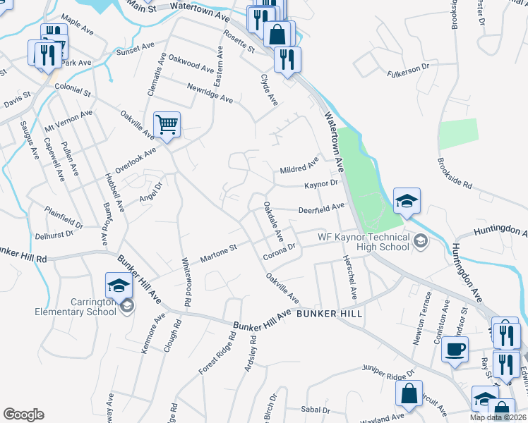 map of restaurants, bars, coffee shops, grocery stores, and more near 46 Oakdale Avenue in Waterbury