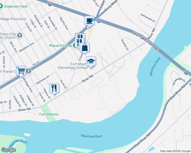 map of restaurants, bars, coffee shops, grocery stores, and more near 310 River Bend Lane in Maumee