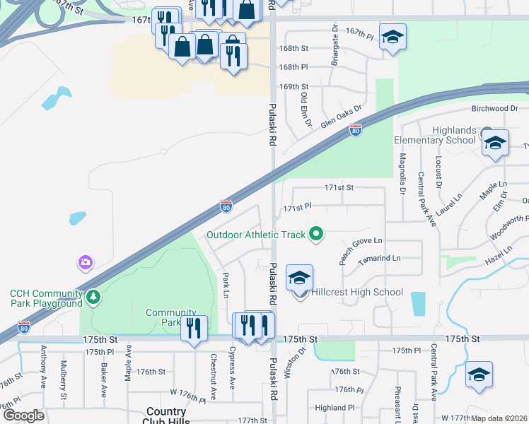 map of restaurants, bars, coffee shops, grocery stores, and more near 17201 Coventry Lane in Country Club Hills