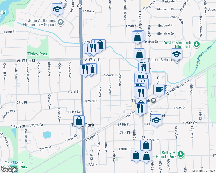 map of restaurants, bars, coffee shops, grocery stores, and more near 17261 70th Avenue in Tinley Park