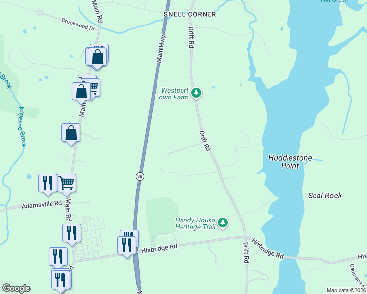 map of restaurants, bars, coffee shops, grocery stores, and more near 881-899 Drift Road in Westport