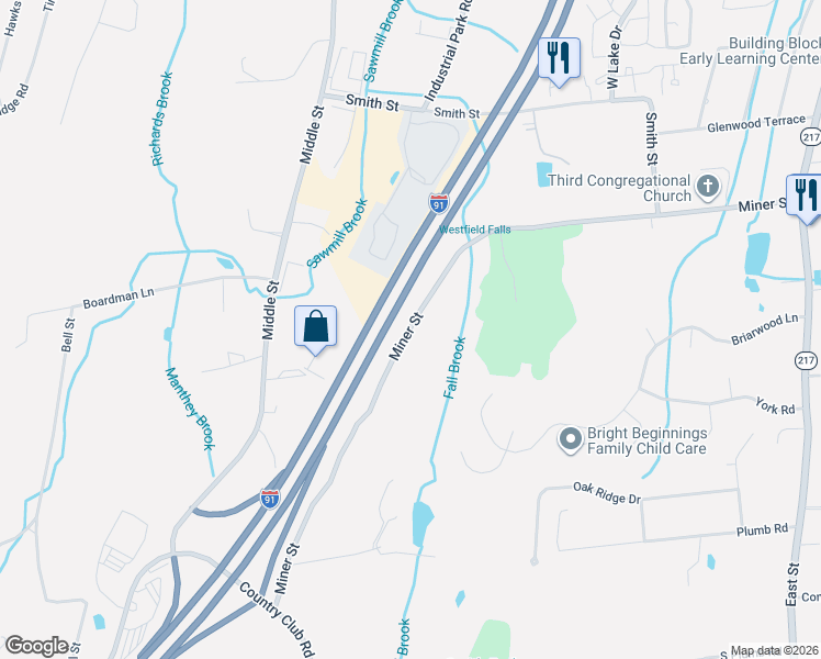 map of restaurants, bars, coffee shops, grocery stores, and more near Miner Street in Middletown