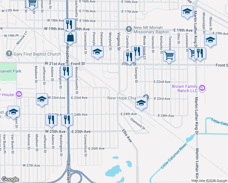 map of restaurants, bars, coffee shops, grocery stores, and more near 2272 Virginia Street in Gary