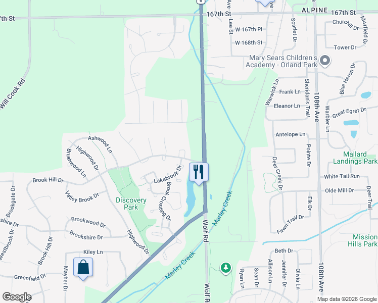 map of restaurants, bars, coffee shops, grocery stores, and more near 17201 Lakebrook Drive in Orland Park