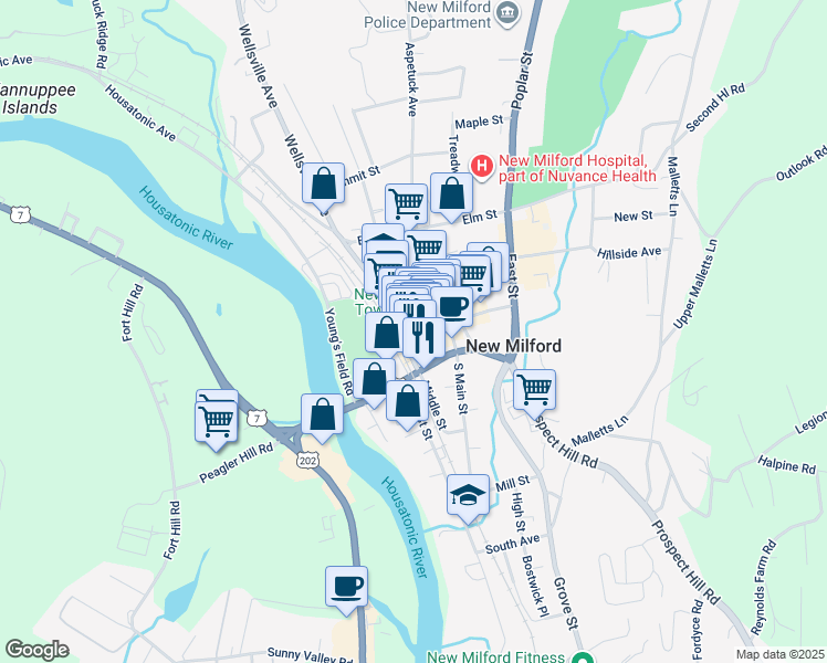 map of restaurants, bars, coffee shops, grocery stores, and more near 52 Bank Street in New Milford