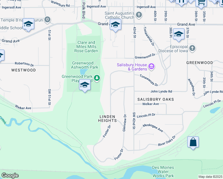 map of restaurants, bars, coffee shops, grocery stores, and more near in Des Moines