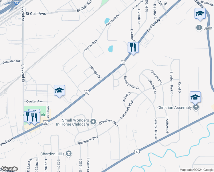 map of restaurants, bars, coffee shops, grocery stores, and more near 24132 Euclid Avenue in Euclid