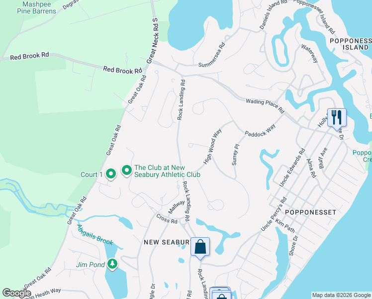 map of restaurants, bars, coffee shops, grocery stores, and more near 26 The Morgan Circle in Mashpee