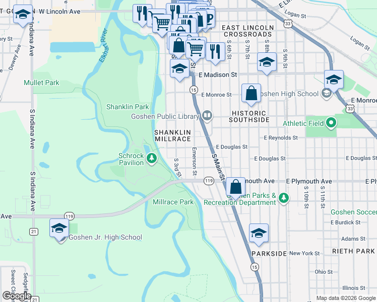 map of restaurants, bars, coffee shops, grocery stores, and more near 713 Emerson Street in Goshen