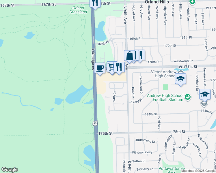 map of restaurants, bars, coffee shops, grocery stores, and more near 17231 South La Grange Road in Tinley Park