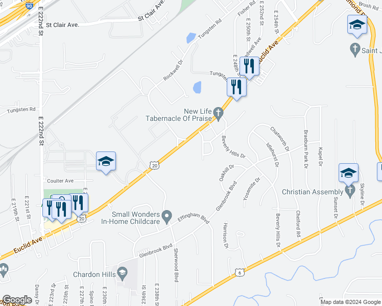 map of restaurants, bars, coffee shops, grocery stores, and more near 24132 Euclid Avenue in Euclid