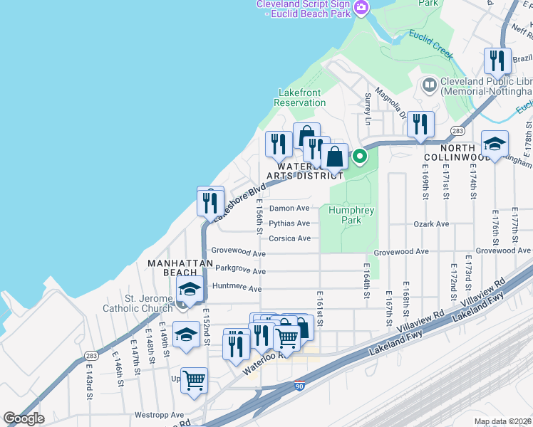 map of restaurants, bars, coffee shops, grocery stores, and more near 15610 Pythias Avenue in Cleveland