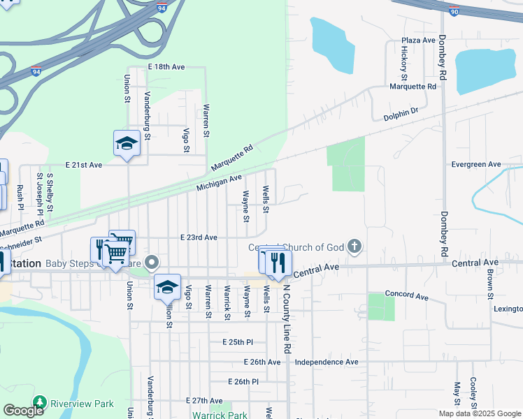 map of restaurants, bars, coffee shops, grocery stores, and more near 2228 Wells Street in Gary