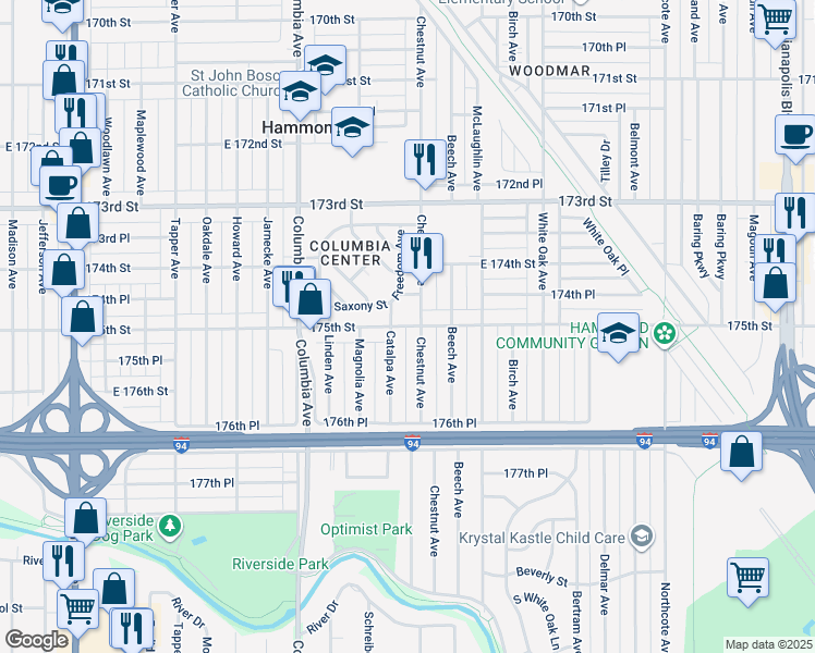 map of restaurants, bars, coffee shops, grocery stores, and more near 7515 Catalpa Avenue in Hammond