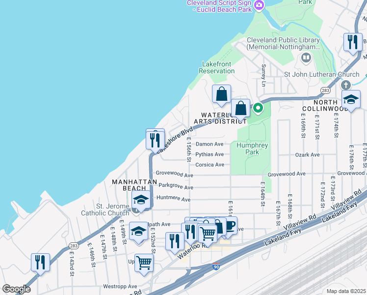 map of restaurants, bars, coffee shops, grocery stores, and more near 15608 East 156th Street in Cleveland