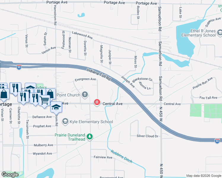 map of restaurants, bars, coffee shops, grocery stores, and more near 2500 Churchview Drive in Portage