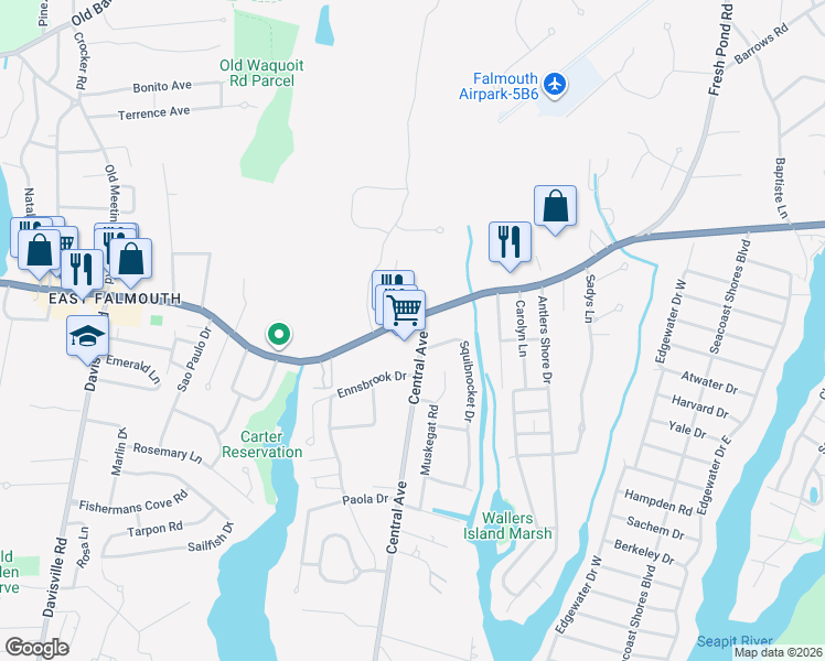 map of restaurants, bars, coffee shops, grocery stores, and more near 773 East Falmouth Highway in Falmouth