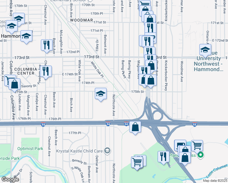 map of restaurants, bars, coffee shops, grocery stores, and more near 7500 Northcote Avenue in Hammond