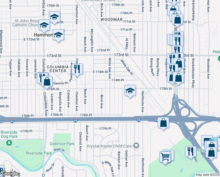 map of restaurants, bars, coffee shops, grocery stores, and more near White Oak Ave & 175th St in Hammond