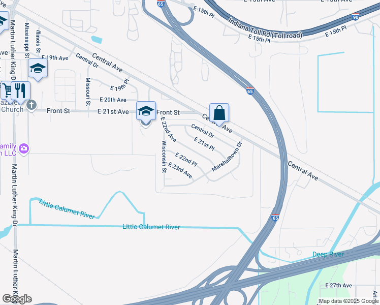 map of restaurants, bars, coffee shops, grocery stores, and more near 2557 East 22nd Place in Gary