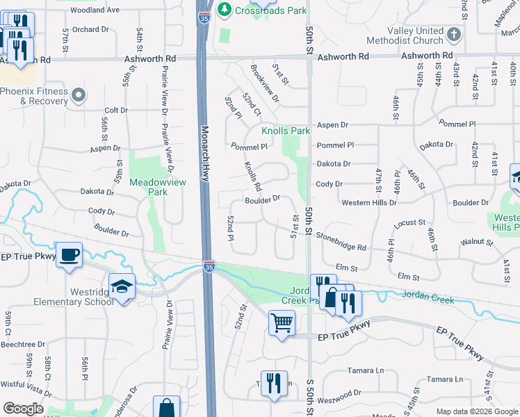 map of restaurants, bars, coffee shops, grocery stores, and more near 5220 Boulder Drive in West Des Moines