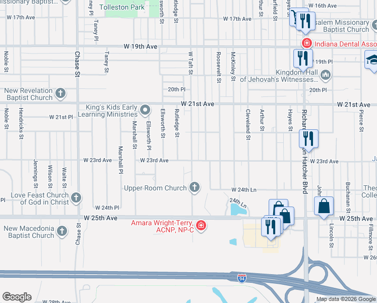 map of restaurants, bars, coffee shops, grocery stores, and more near 2300-2398 West 23rd Avenue in Gary