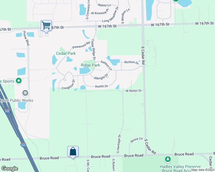 map of restaurants, bars, coffee shops, grocery stores, and more near 15024 Austin Drive in Lockport