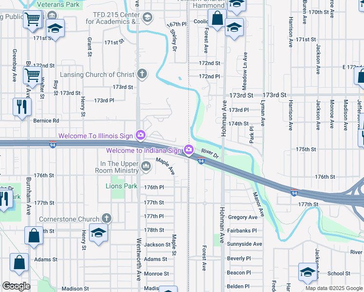 map of restaurants, bars, coffee shops, grocery stores, and more near 5 Bernice Road in Munster