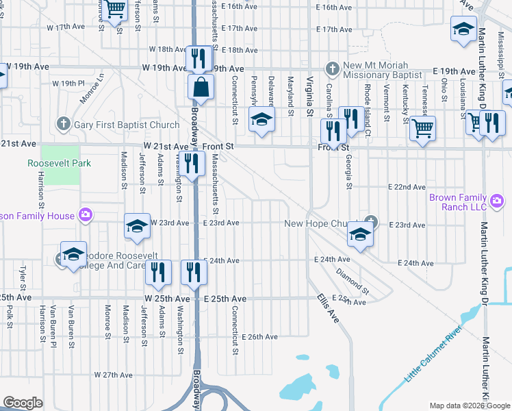 map of restaurants, bars, coffee shops, grocery stores, and more near 2287 Pennsylvania Street in Gary