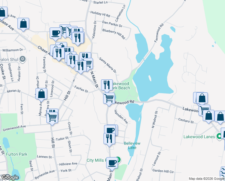 map of restaurants, bars, coffee shops, grocery stores, and more near 1906 North Main Street in Waterbury