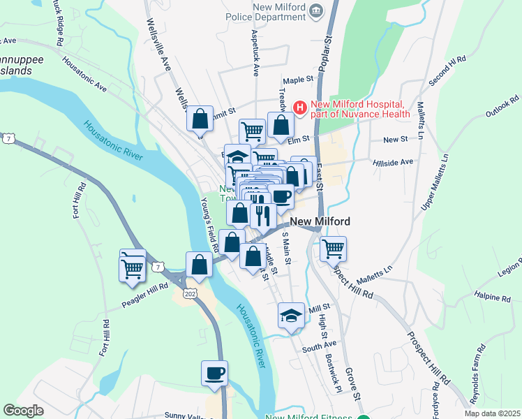 map of restaurants, bars, coffee shops, grocery stores, and more near 49 Bridge Street in New Milford