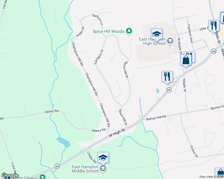 map of restaurants, bars, coffee shops, grocery stores, and more near 14 Tarragon Drive in East Hampton